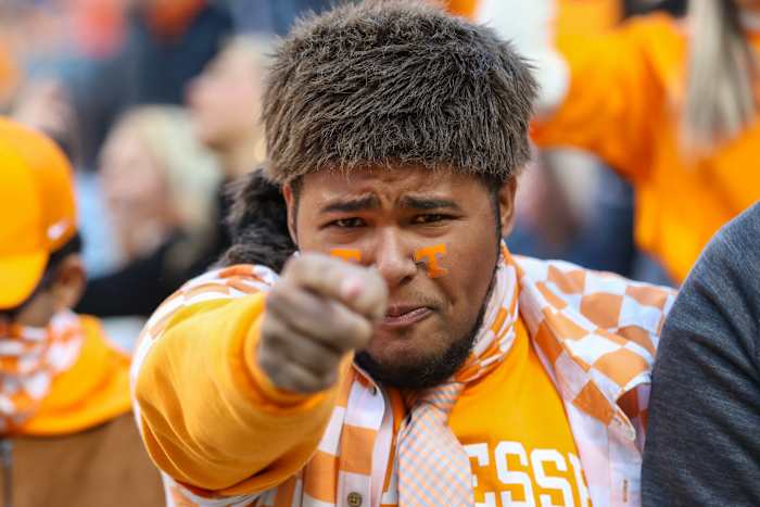 A Tennessee Volunteer fan reacts to a play against the Florida Gators during the first half at Neyland Stadium.